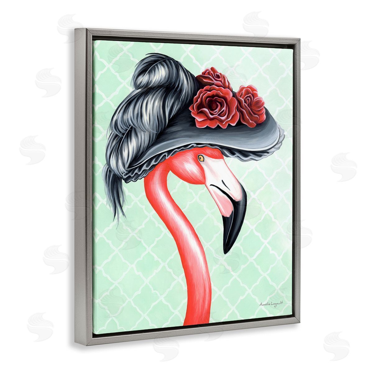 Amelie Legault Classy Flamingo Vintage Black Floral Hat Green Pattern Gray Floating Frame Canvas Wall Art Print