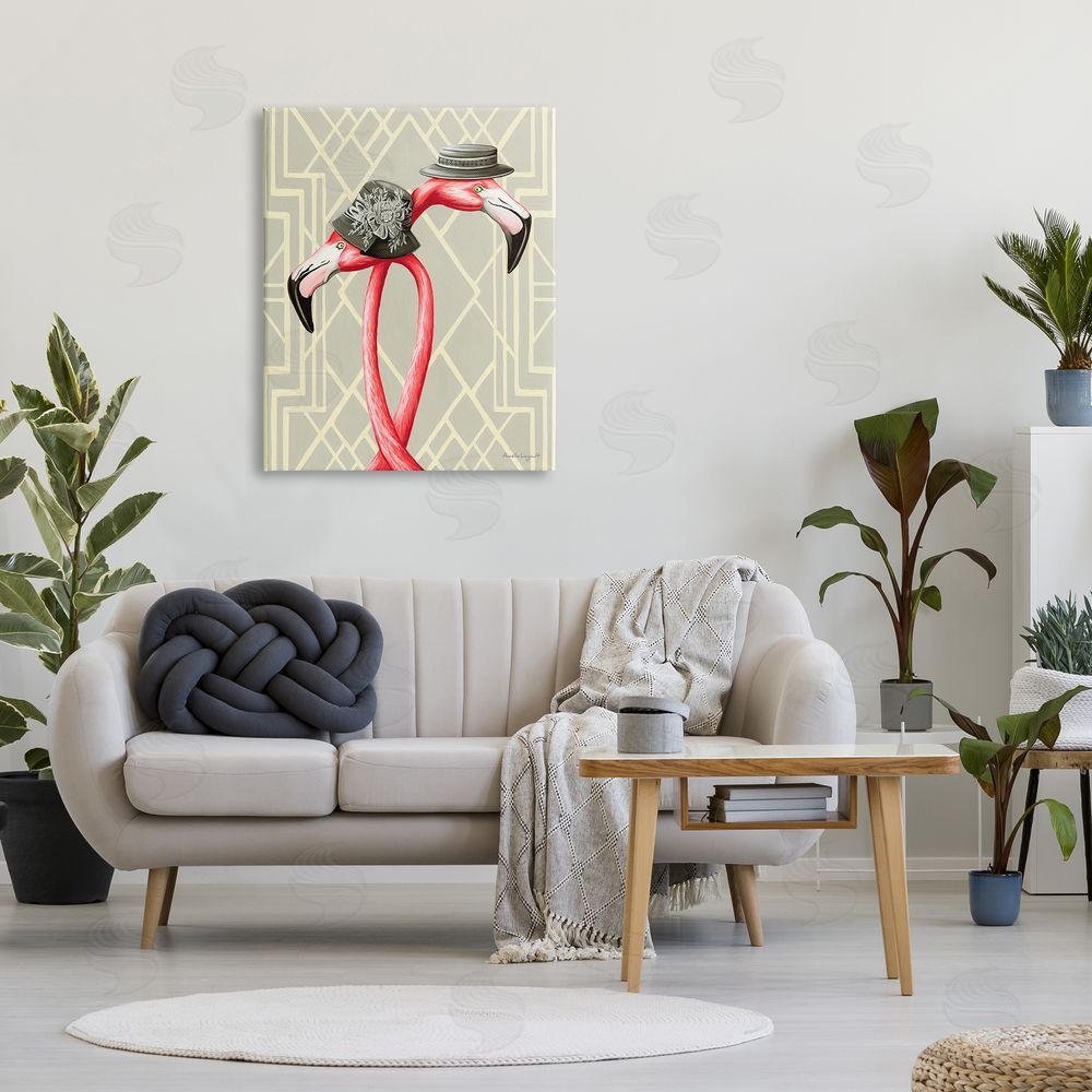 Amelie Legault Pink Flamingos Intertwining Vintage Hats Shapes  Canvas Wall Art Print in Room