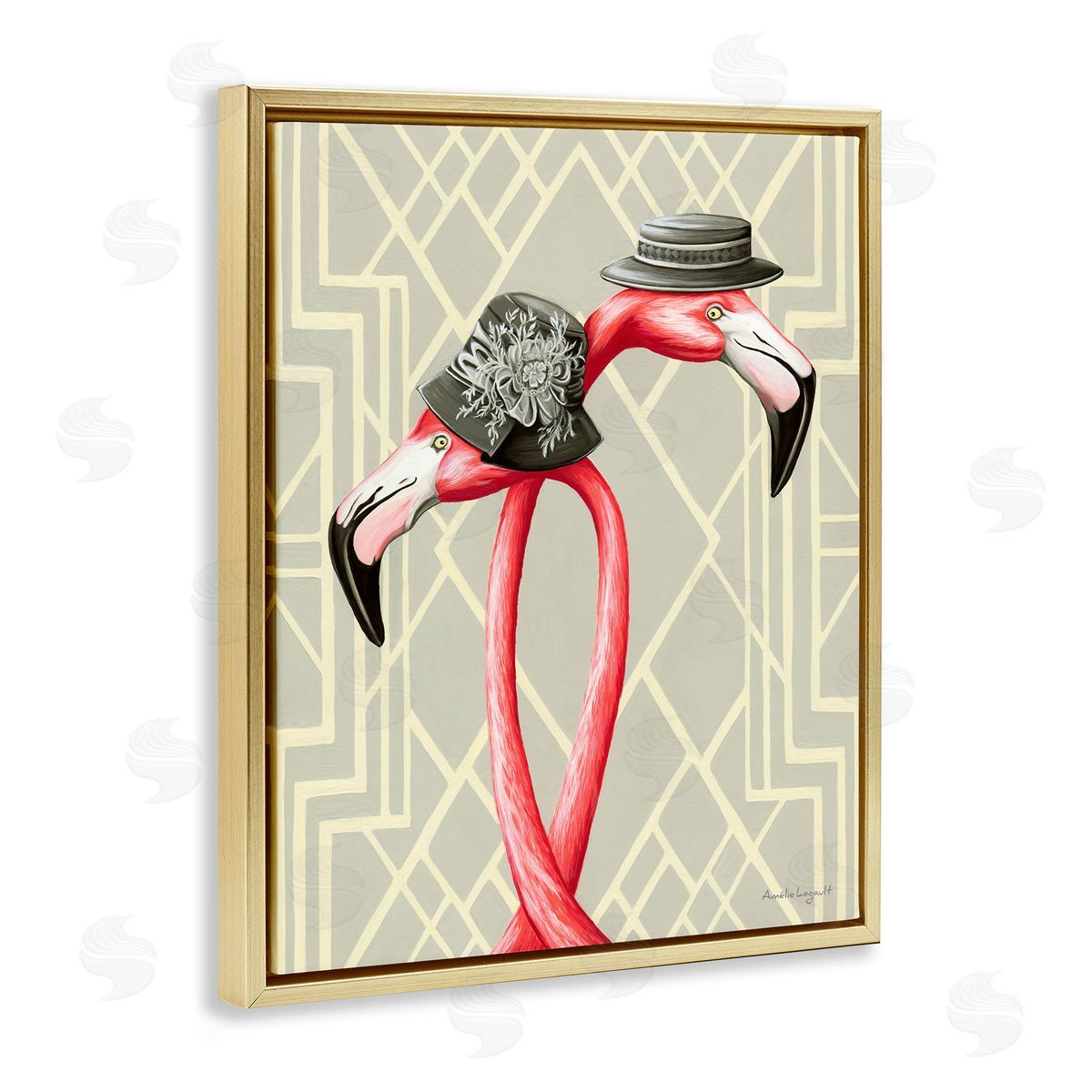 Amelie Legault Pink Flamingos Intertwining Vintage Hats Shapes  Gold Floating Frame Canvas Wall Art Print