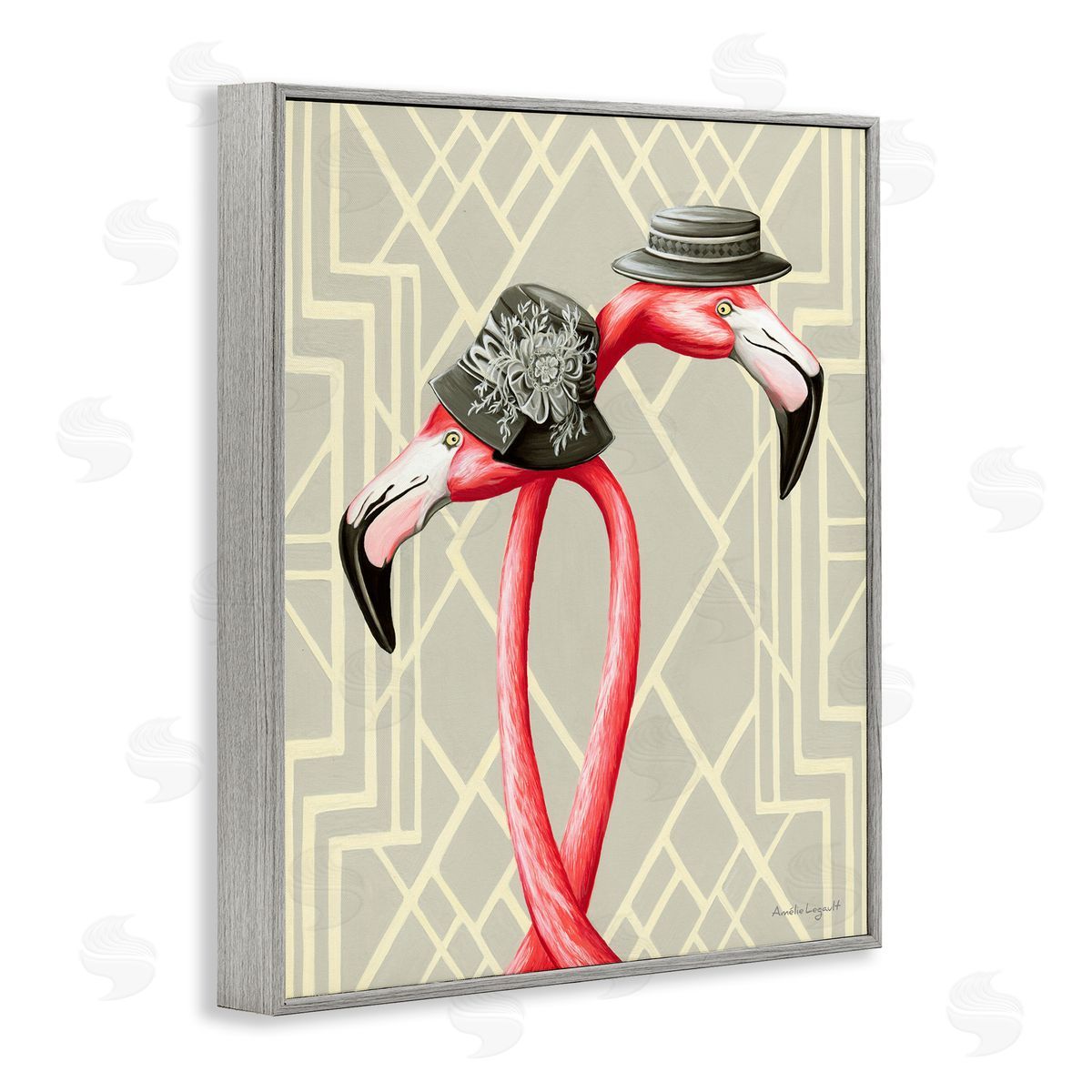 Amelie Legault Pink Flamingos Intertwining Vintage Hats Shapes  Gray Framed Giclee Wall Art Print