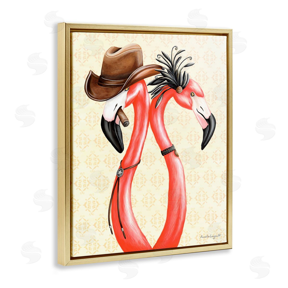 Amelie Legault Vintage Flamingos Cowboy Hat Antique Fashion Outfit Gold Floating Frame Canvas Wall Art Print