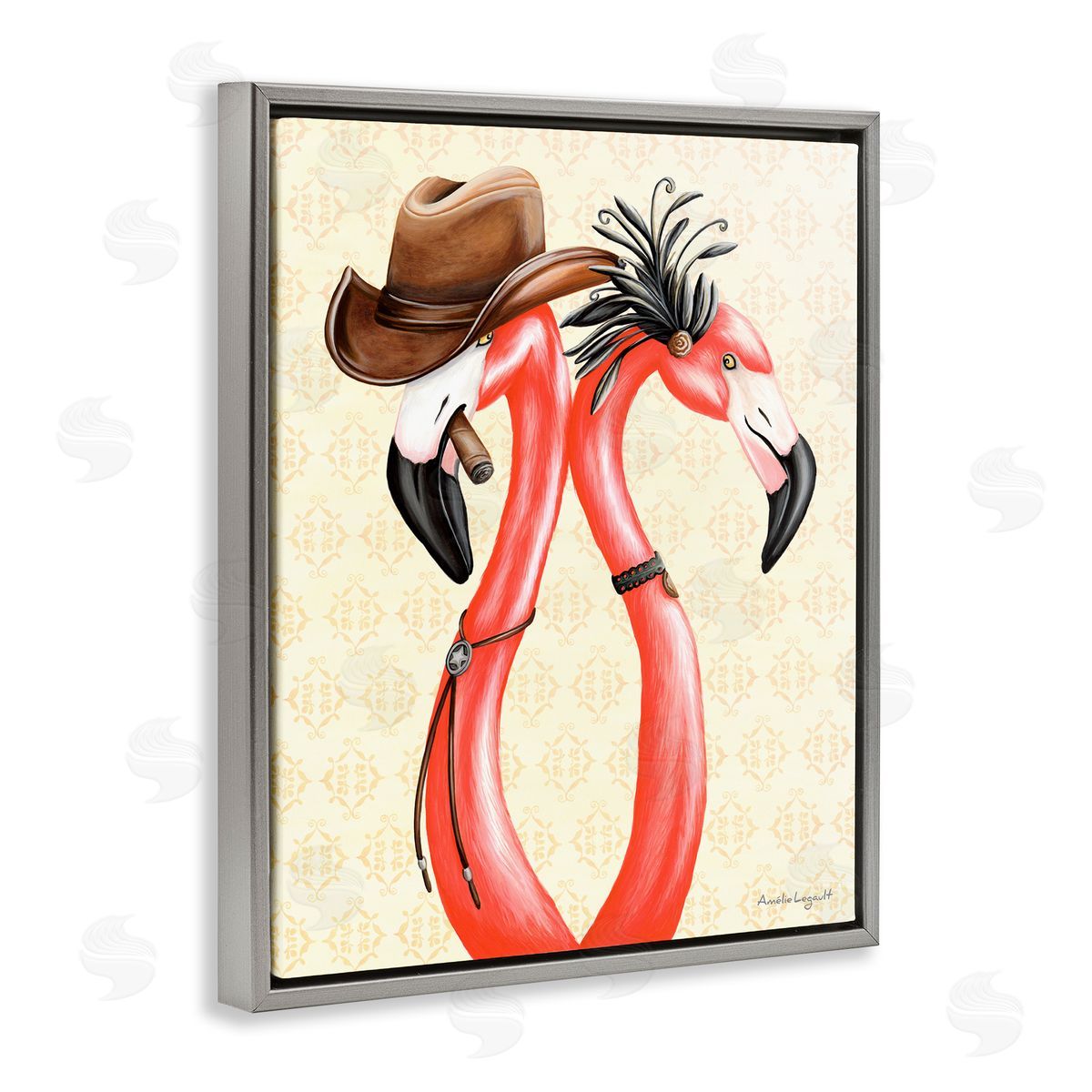 Amelie Legault Vintage Flamingos Cowboy Hat Antique Fashion Outfit Gray Floating Frame Canvas Wall Art Print