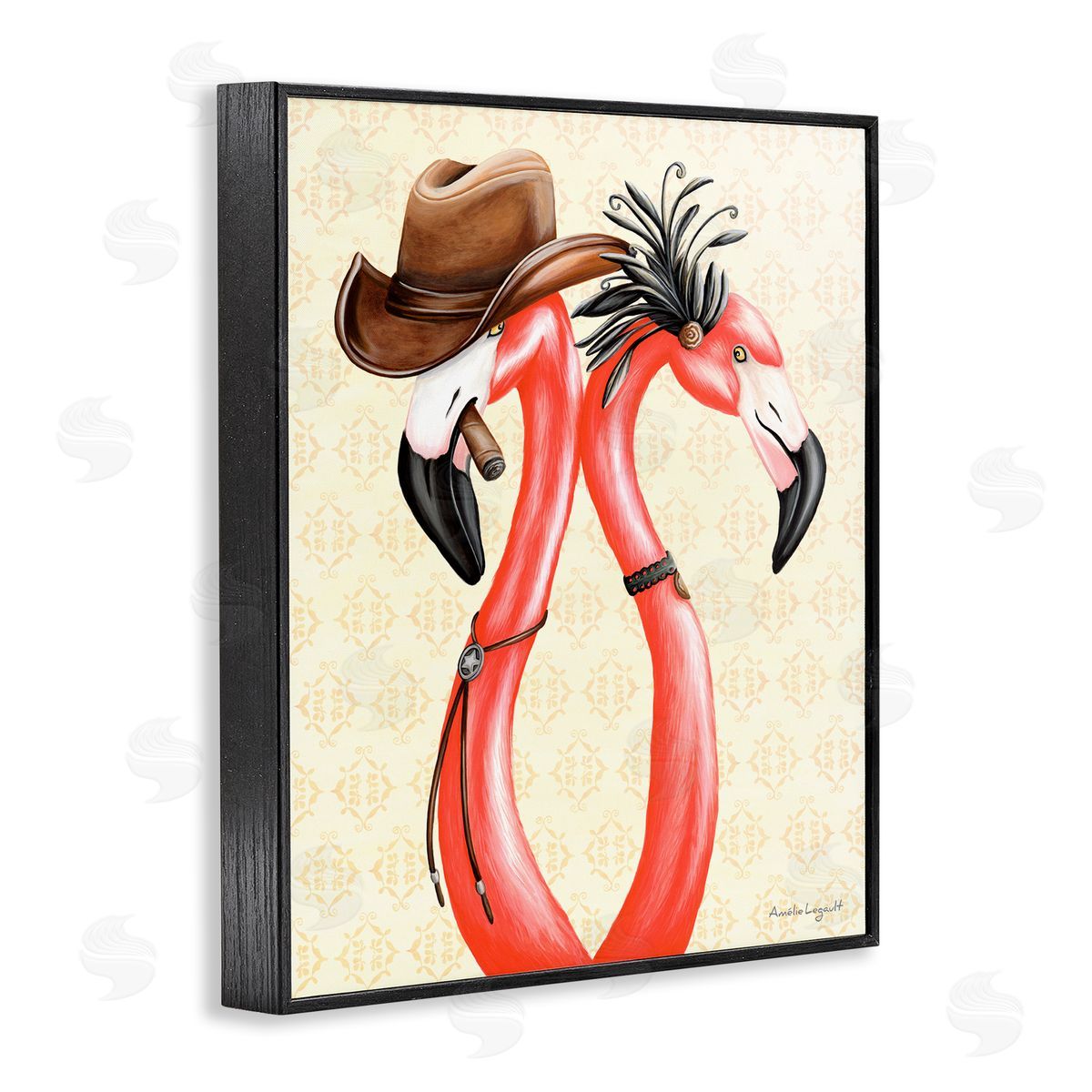 Amelie Legault Vintage Flamingos Cowboy Hat Antique Fashion Outfit Black Framed Giclee Wall Art Print