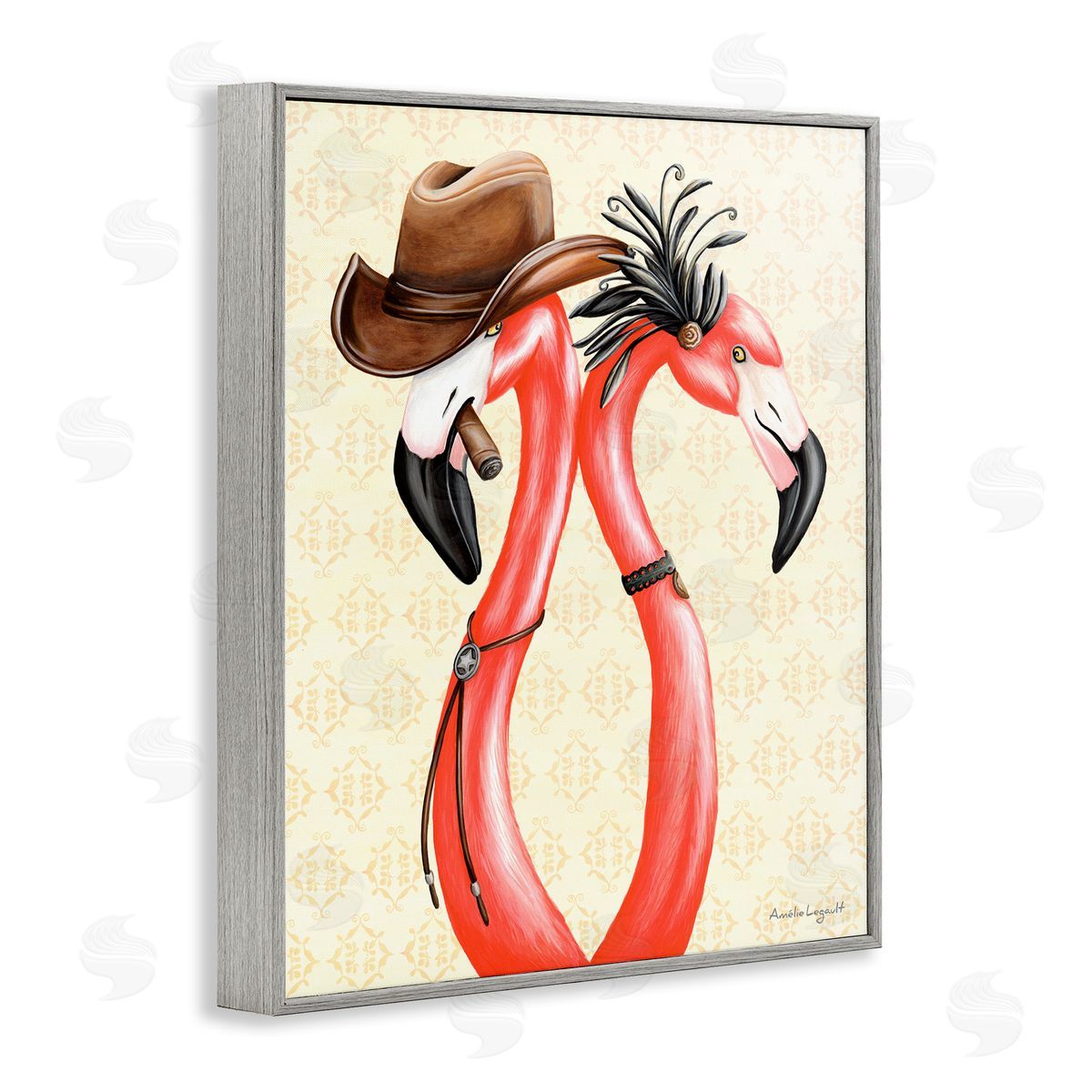 Amelie Legault Vintage Flamingos Cowboy Hat Antique Fashion Outfit Gray Framed Giclee Wall Art Print