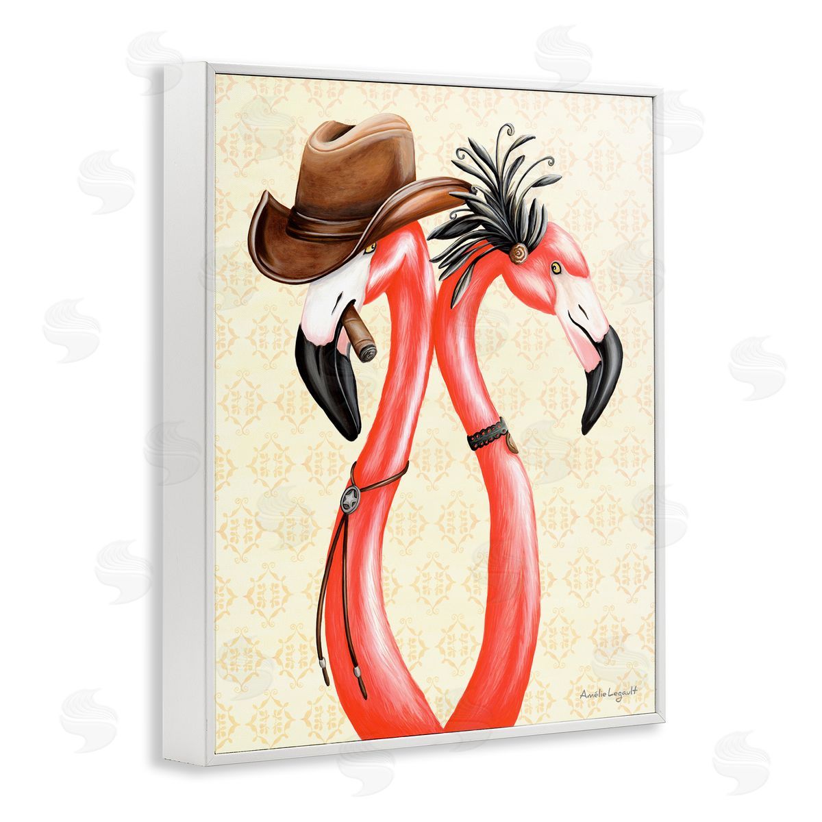 Amelie Legault Vintage Flamingos Cowboy Hat Antique Fashion Outfit White Framed Giclee Wall Art Print