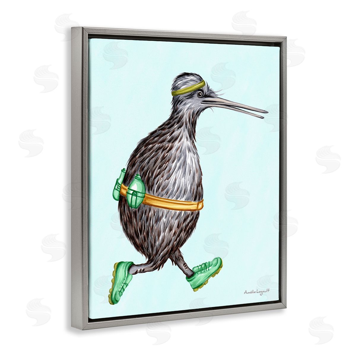 Amelie Legault Kiwi Bird Jogging Exercise Clothing Sneakers Illustration Gray Floating Frame Canvas Wall Art Print