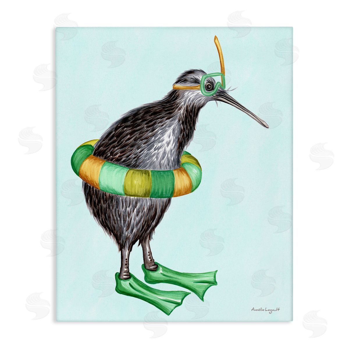 Amelie Legault Kiwi Bird Swimming Tube Flippers Summertime Illustration Stretched Canvas Wall Art Print