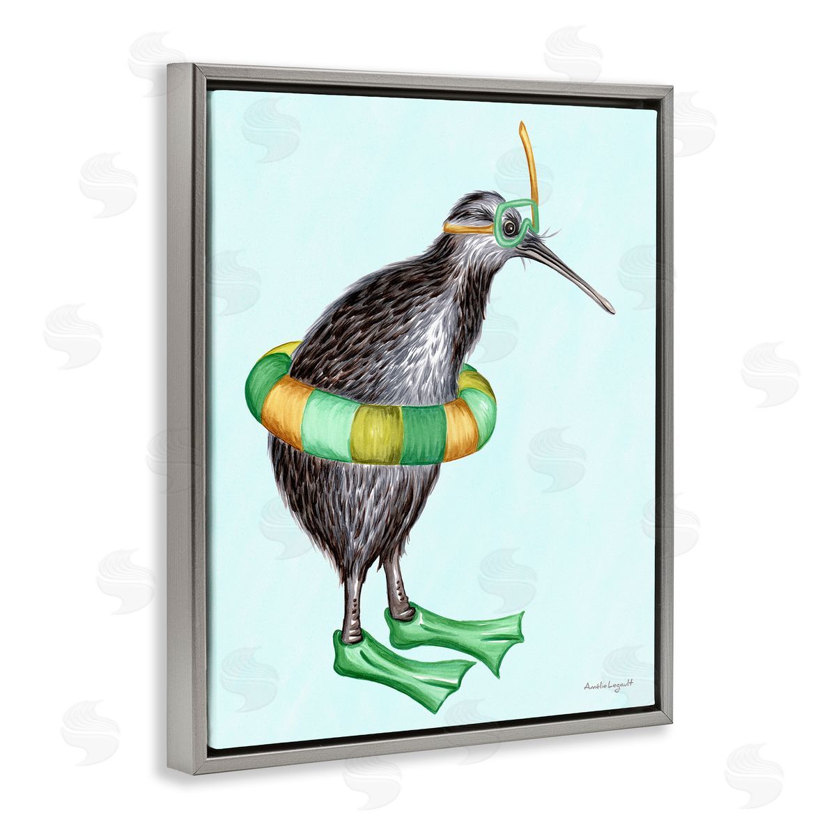 Amelie Legault Kiwi Bird Swimming Tube Flippers Summertime Illustration Gray Floating Frame Canvas Wall Art Print