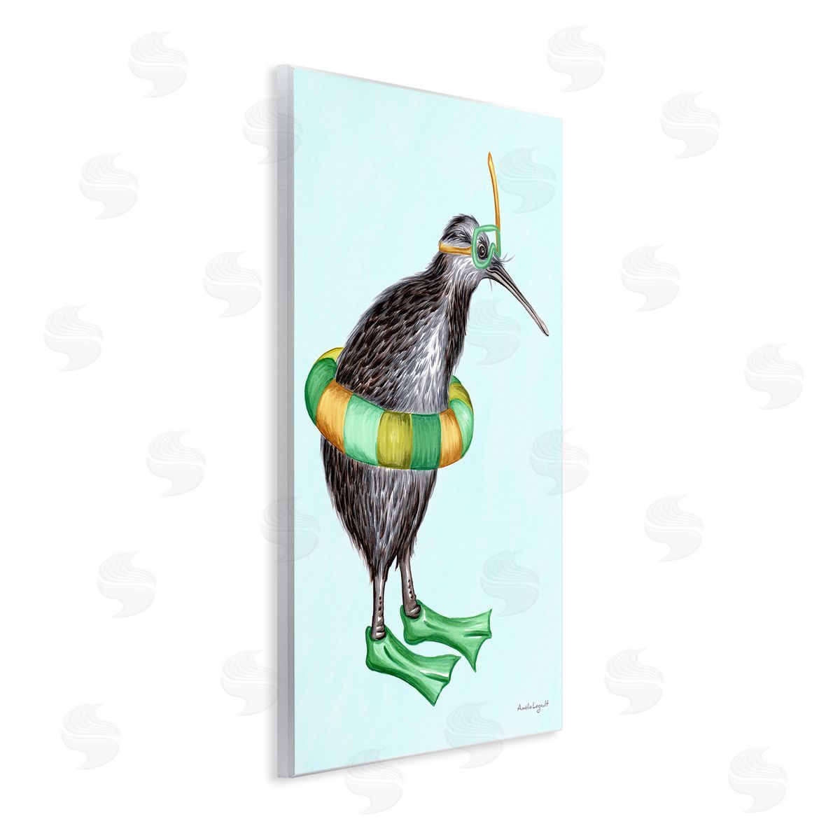 Amelie Legault Kiwi Bird Swimming Tube Flippers Summertime Illustration Wall Plaque Art Print