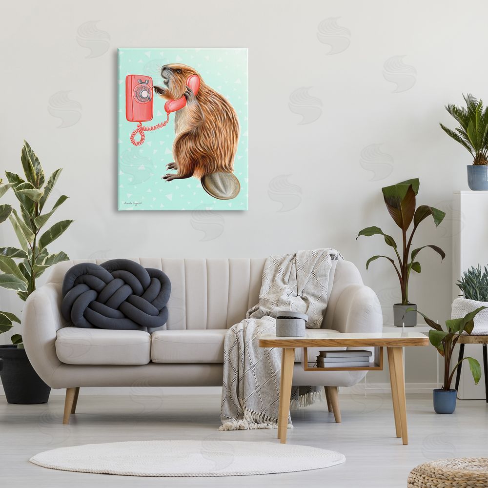 Amelie Legault Beaver Dialing Telephone Vintage Turquoise Shapes Canvas Wall Art Print in Room
