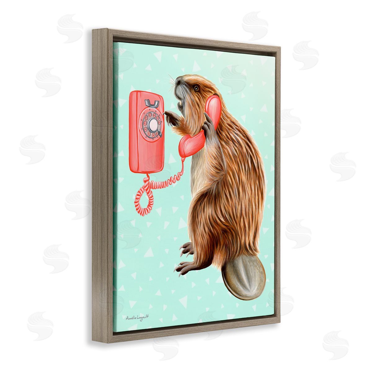 Amelie Legault Beaver Dialing Telephone Vintage Turquoise Shapes Brown Floating Frame Canvas Wall Art Print