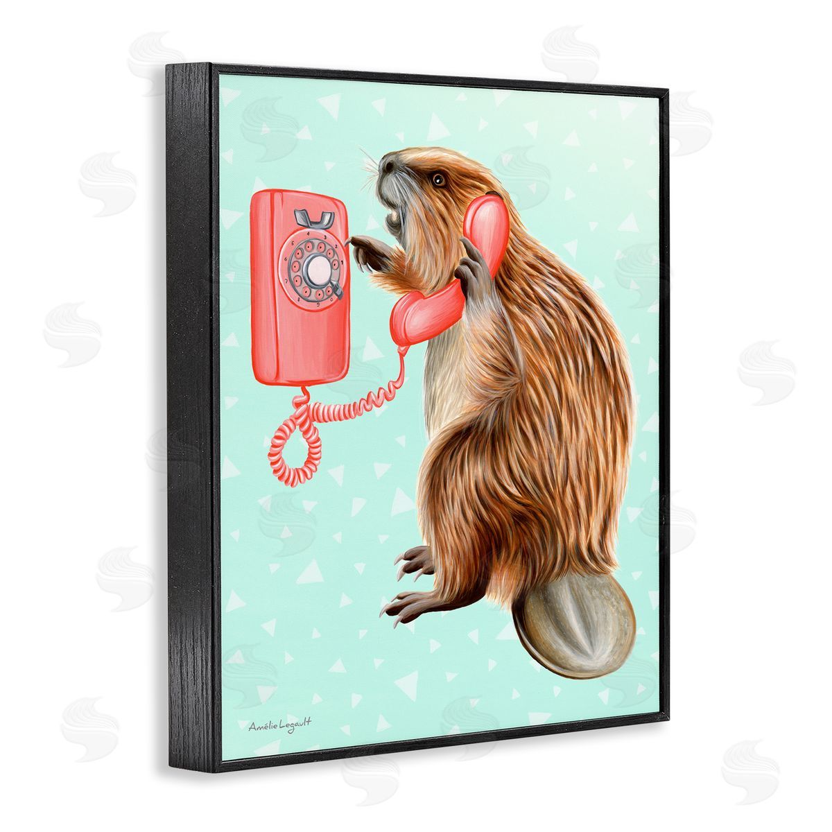 Amelie Legault Beaver Dialing Telephone Vintage Turquoise Shapes Black Framed Giclee Wall Art Print