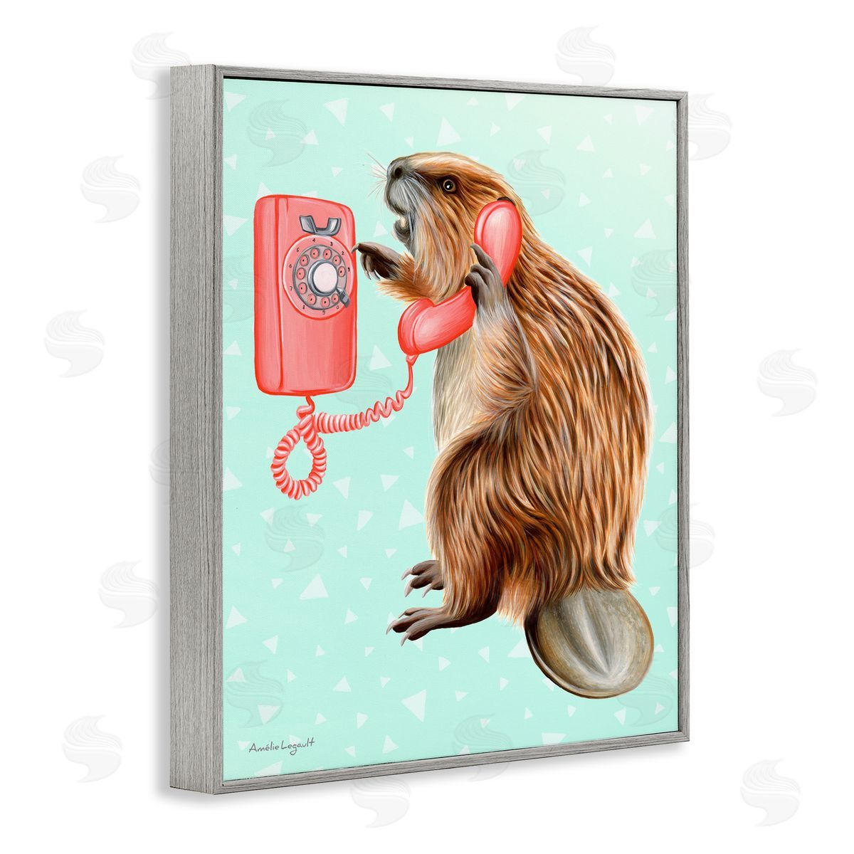 Amelie Legault Beaver Dialing Telephone Vintage Turquoise Shapes Gray Framed Giclee Wall Art Print