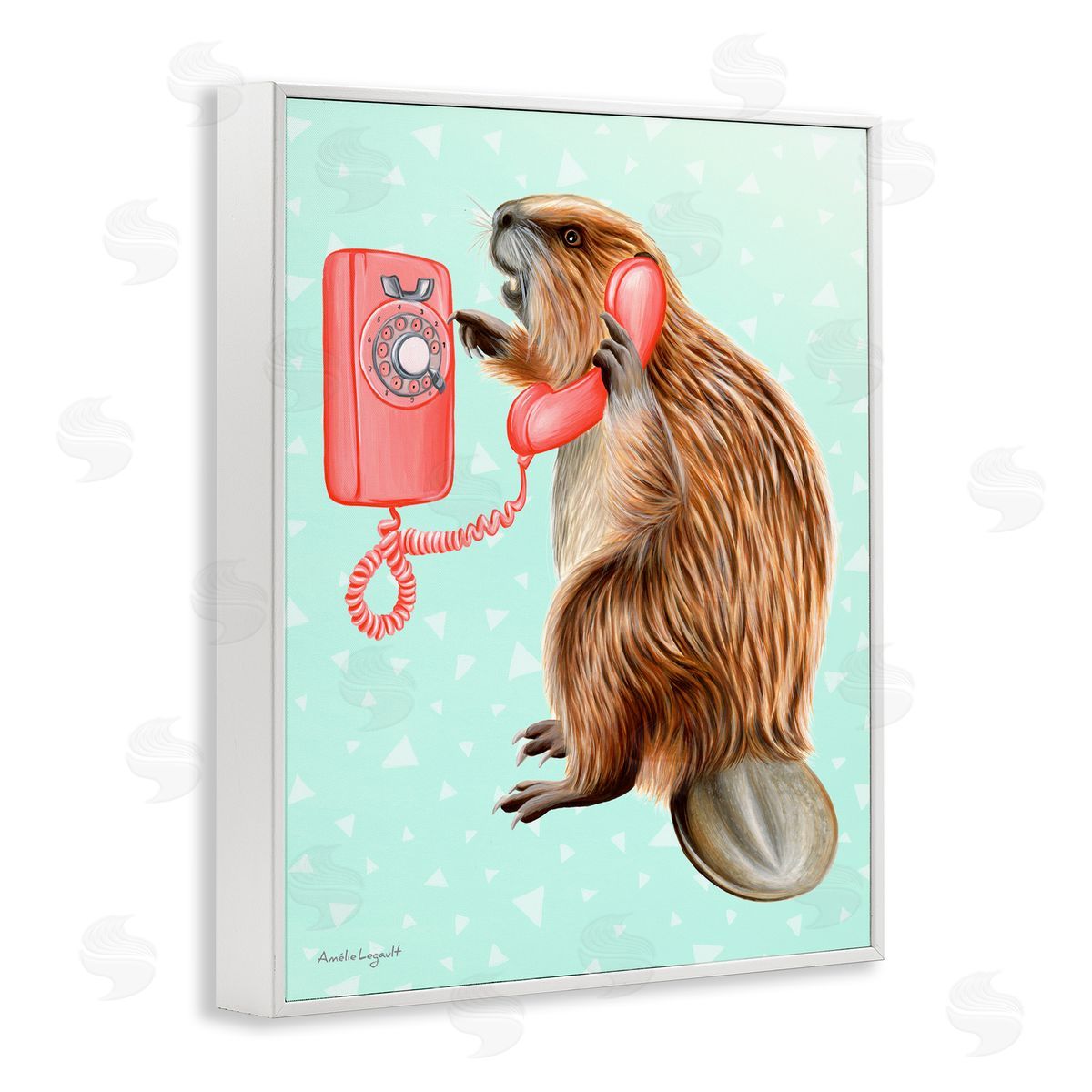 Amelie Legault Beaver Dialing Telephone Vintage Turquoise Shapes White Framed Giclee Wall Art Print