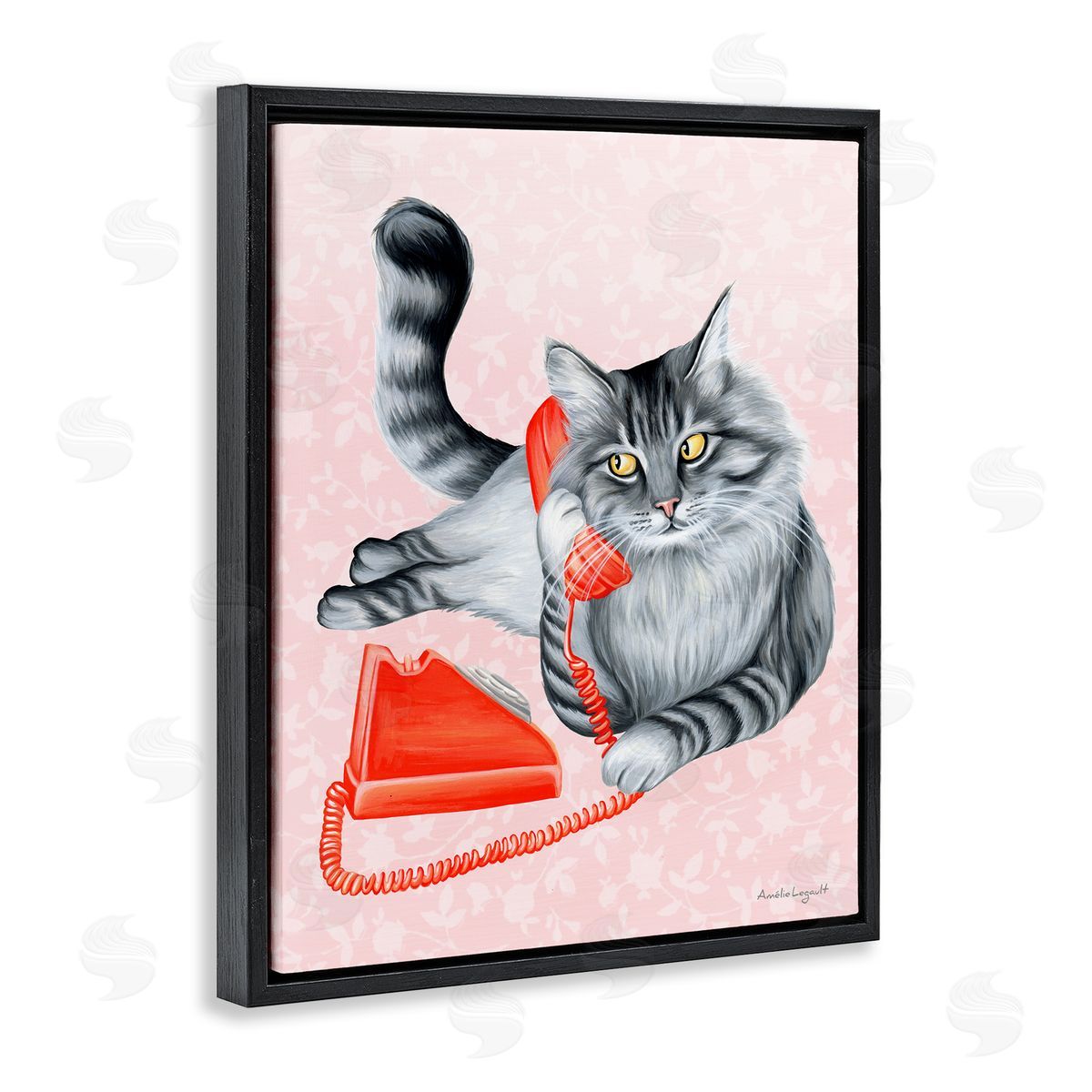 Amelie Legault Expressive Manx Cat Vintage Telephone Botanical Pattern Black Floating Frame Canvas Wall Art Print