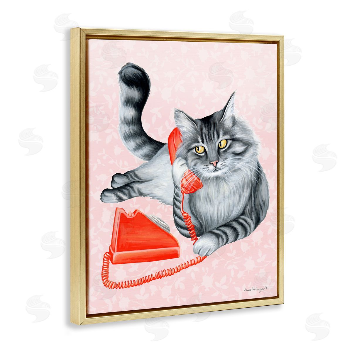 Amelie Legault Expressive Manx Cat Vintage Telephone Botanical Pattern Gold Floating Frame Canvas Wall Art Print