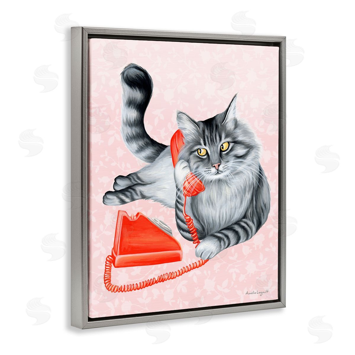 Amelie Legault Expressive Manx Cat Vintage Telephone Botanical Pattern Gray Floating Frame Canvas Wall Art Print