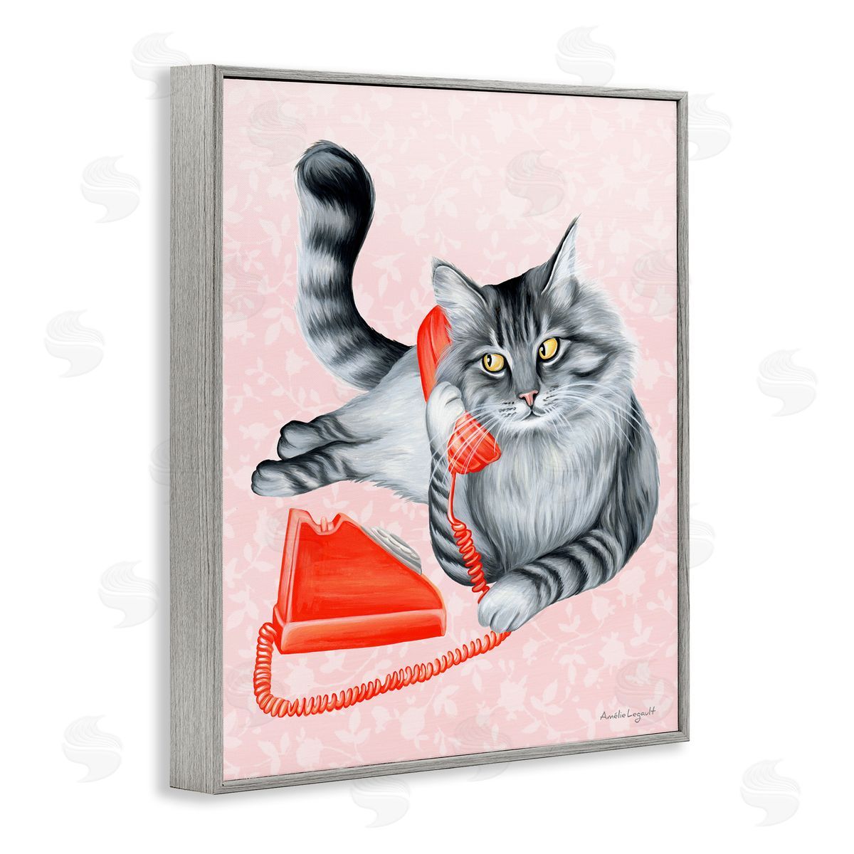 Amelie Legault Expressive Manx Cat Vintage Telephone Botanical Pattern Gray Framed Giclee Wall Art Print