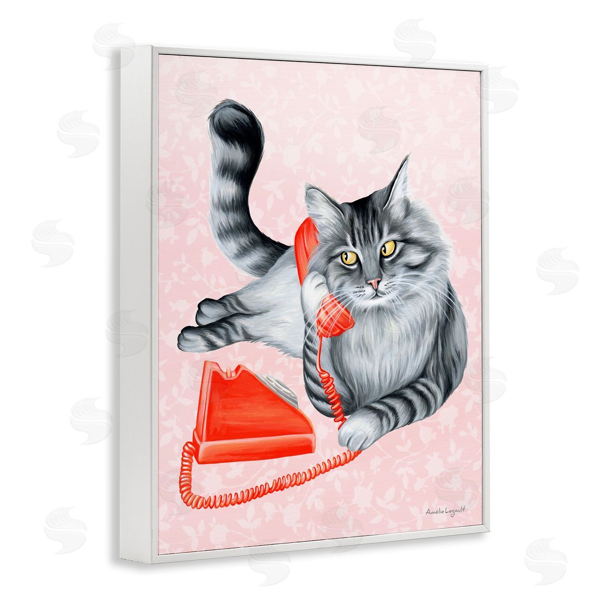 Amelie Legault Expressive Manx Cat Vintage Telephone Botanical Pattern White Framed Giclee Wall Art Print