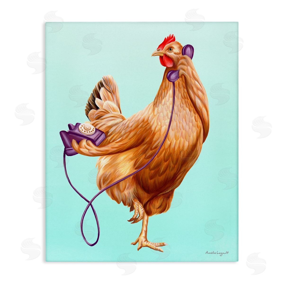 Amelie Legault Chicken Hen Bird Talking Purple Rotary Phone  Stretched Canvas Wall Art Print