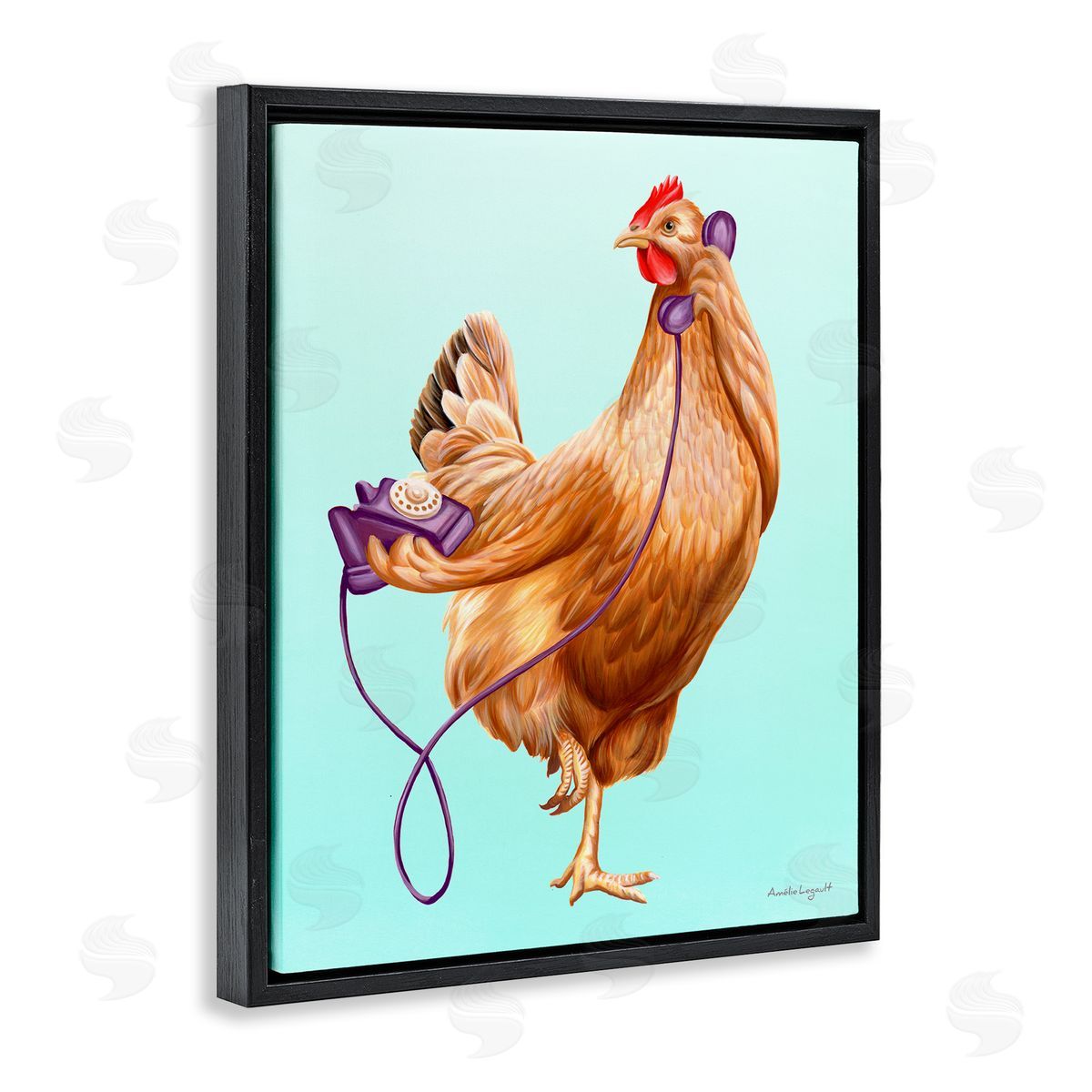 Amelie Legault Chicken Hen Bird Talking Purple Rotary Phone  Black Floating Frame Canvas Wall Art Print