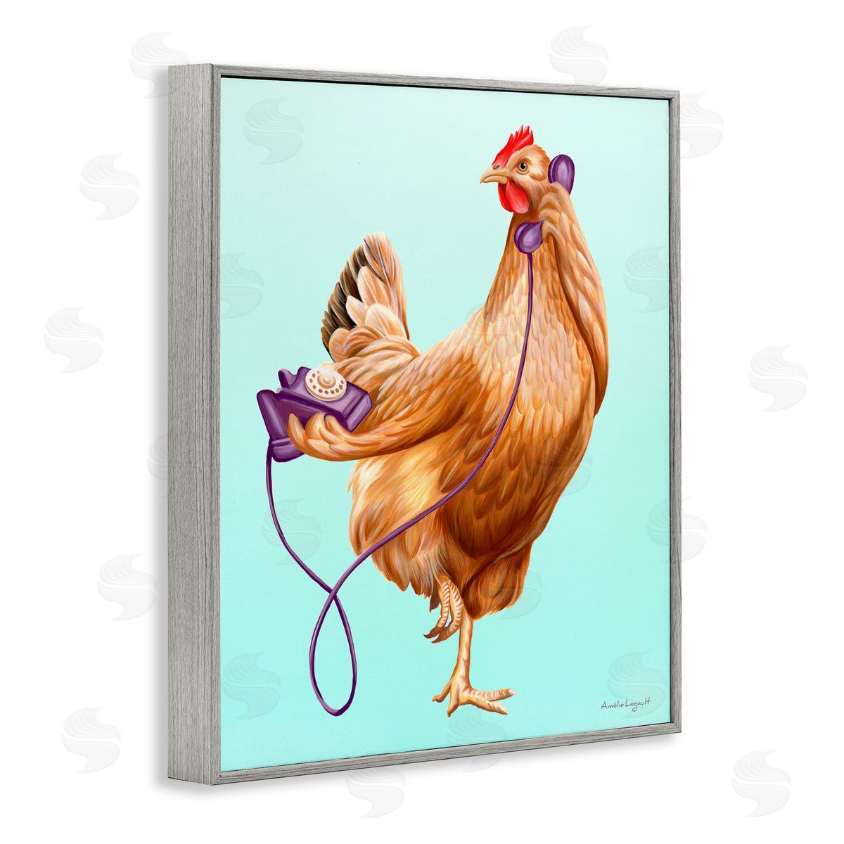 Amelie Legault Chicken Hen Bird Talking Purple Rotary Phone  Gray Framed Giclee Wall Art Print
