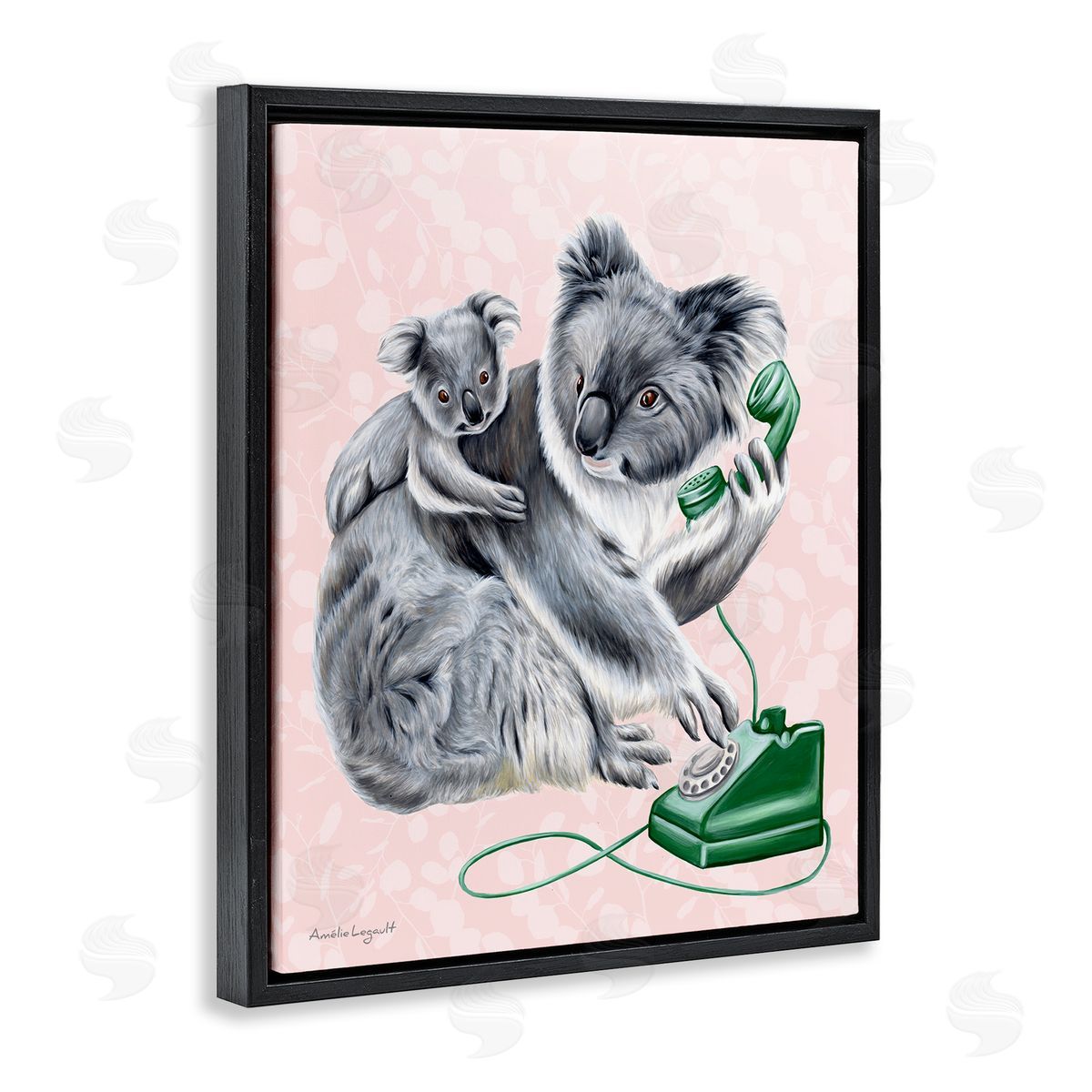Amelie Legault Koala & Baby Green Rotary Phone Vintage Botanicals Black Floating Frame Canvas Wall Art Print