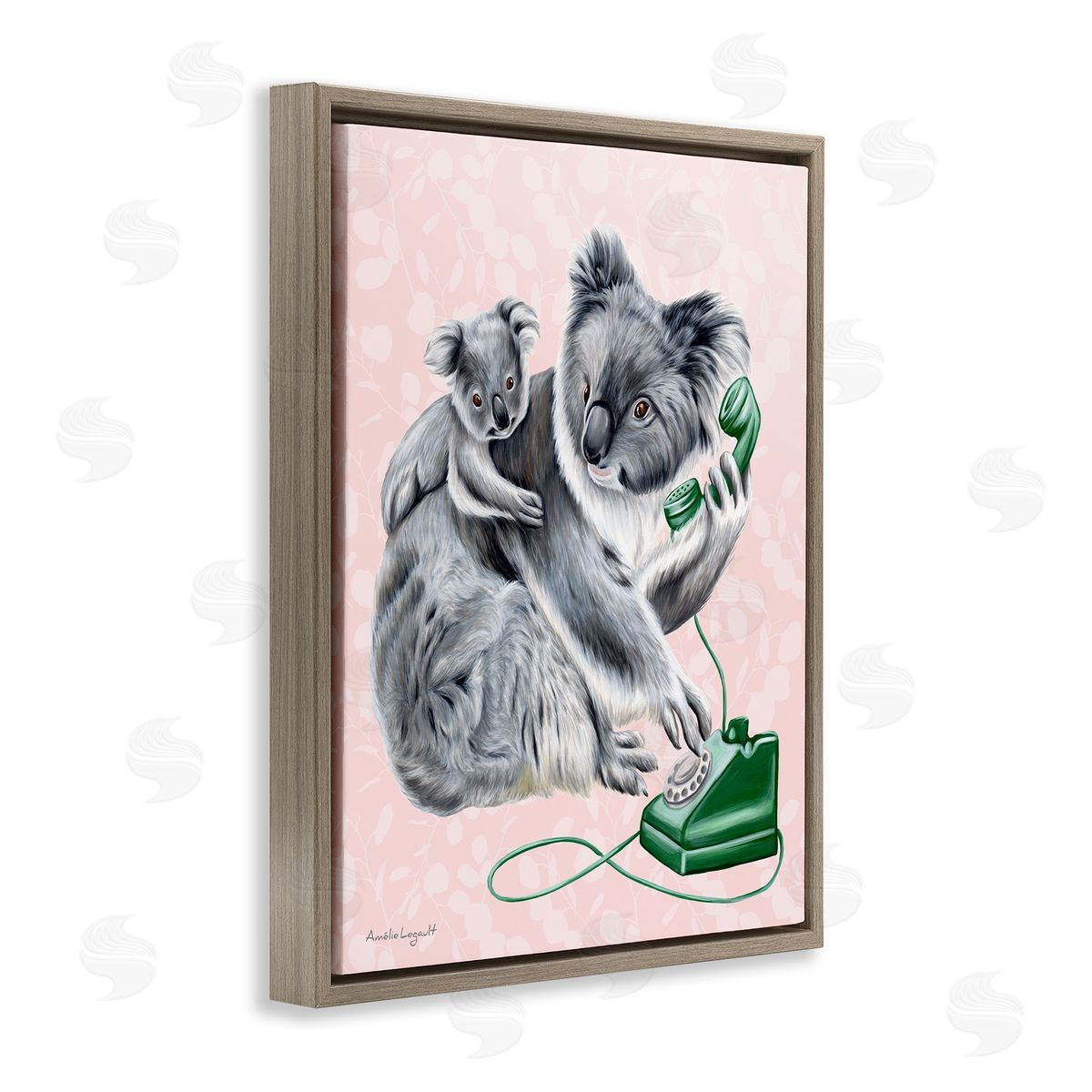 Amelie Legault Koala & Baby Green Rotary Phone Vintage Botanicals Brown Floating Frame Canvas Wall Art Print