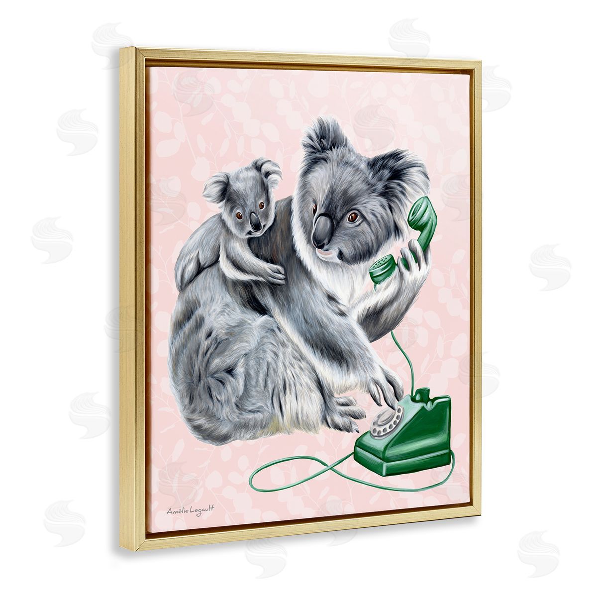 Amelie Legault Koala & Baby Green Rotary Phone Vintage Botanicals Gold Floating Frame Canvas Wall Art Print
