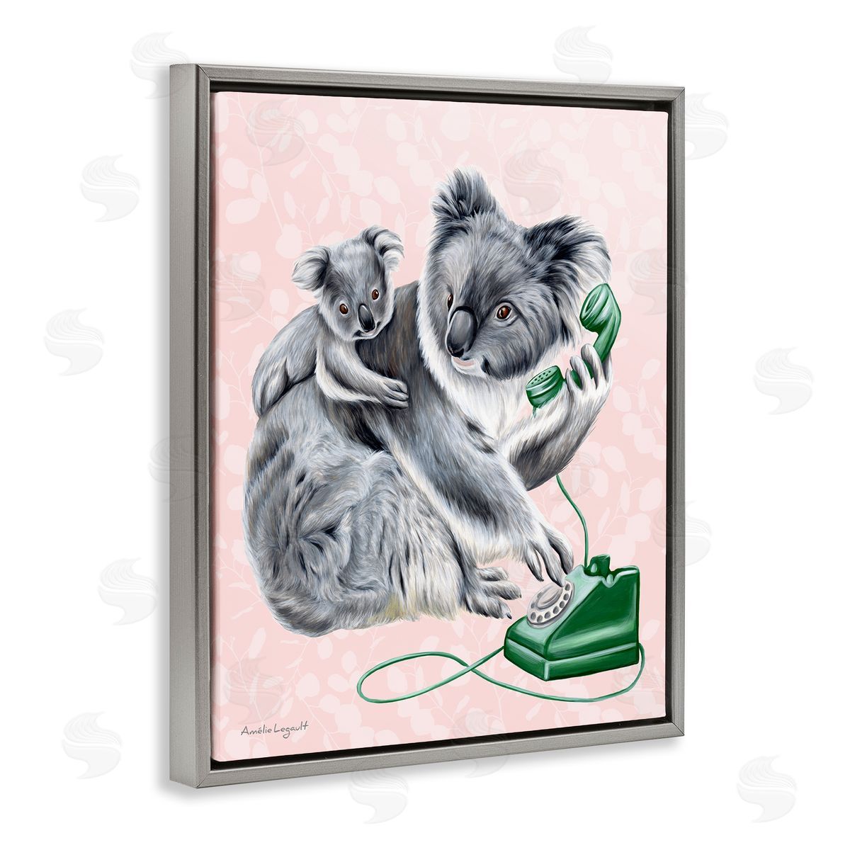 Amelie Legault Koala & Baby Green Rotary Phone Vintage Botanicals Gray Floating Frame Canvas Wall Art Print