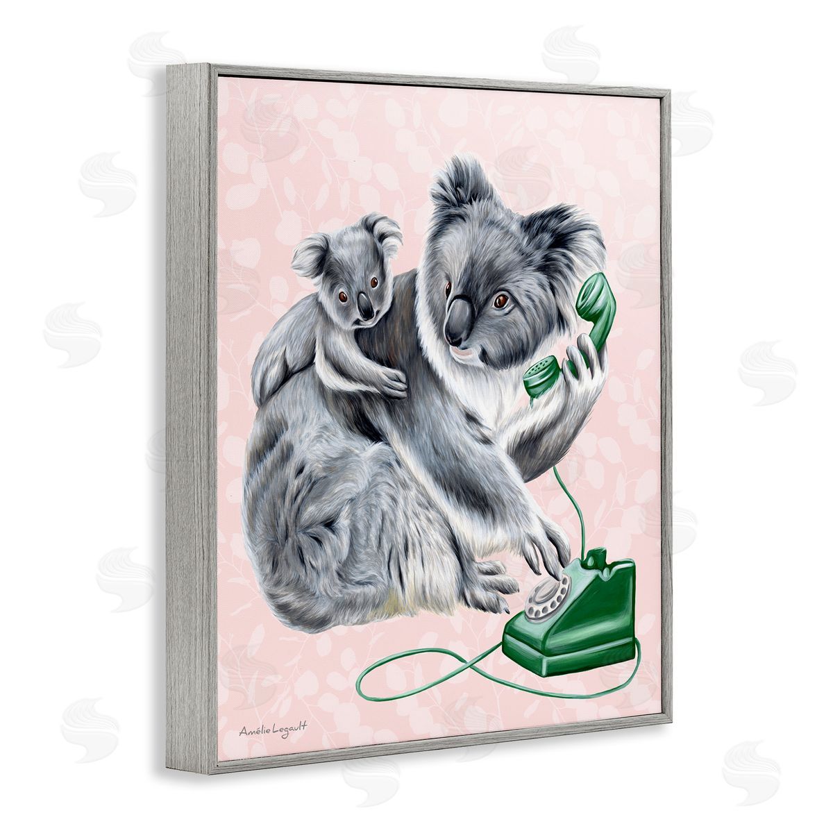 Amelie Legault Koala & Baby Green Rotary Phone Vintage Botanicals Gray Framed Giclee Wall Art Print