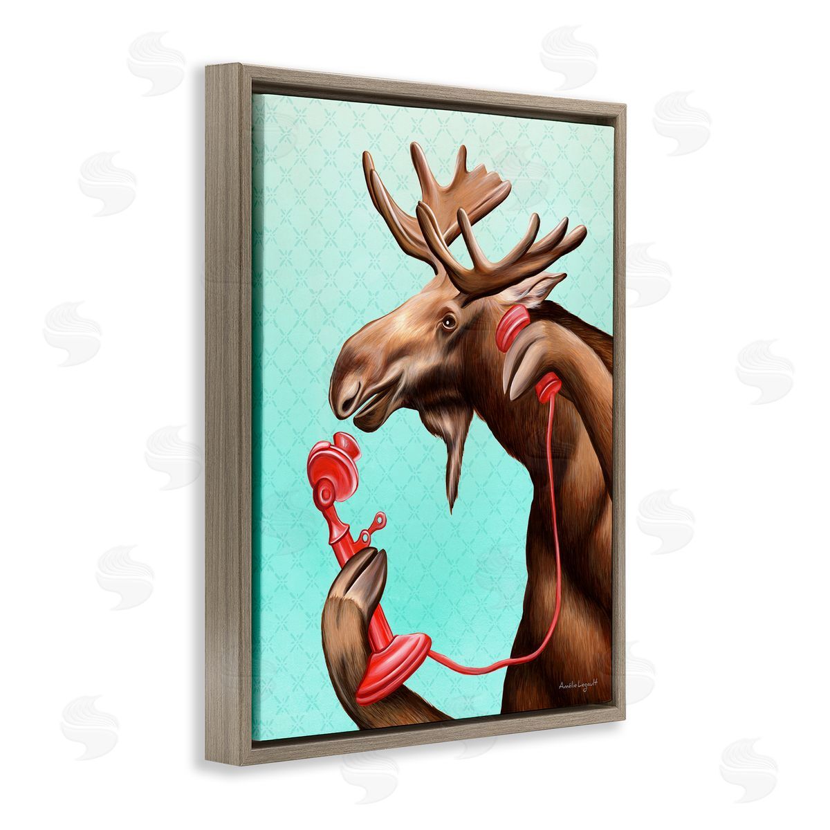 Amelie Legault Vintage Moose With Candlestick Telephone Ombre  Brown Floating Frame Canvas Wall Art Print