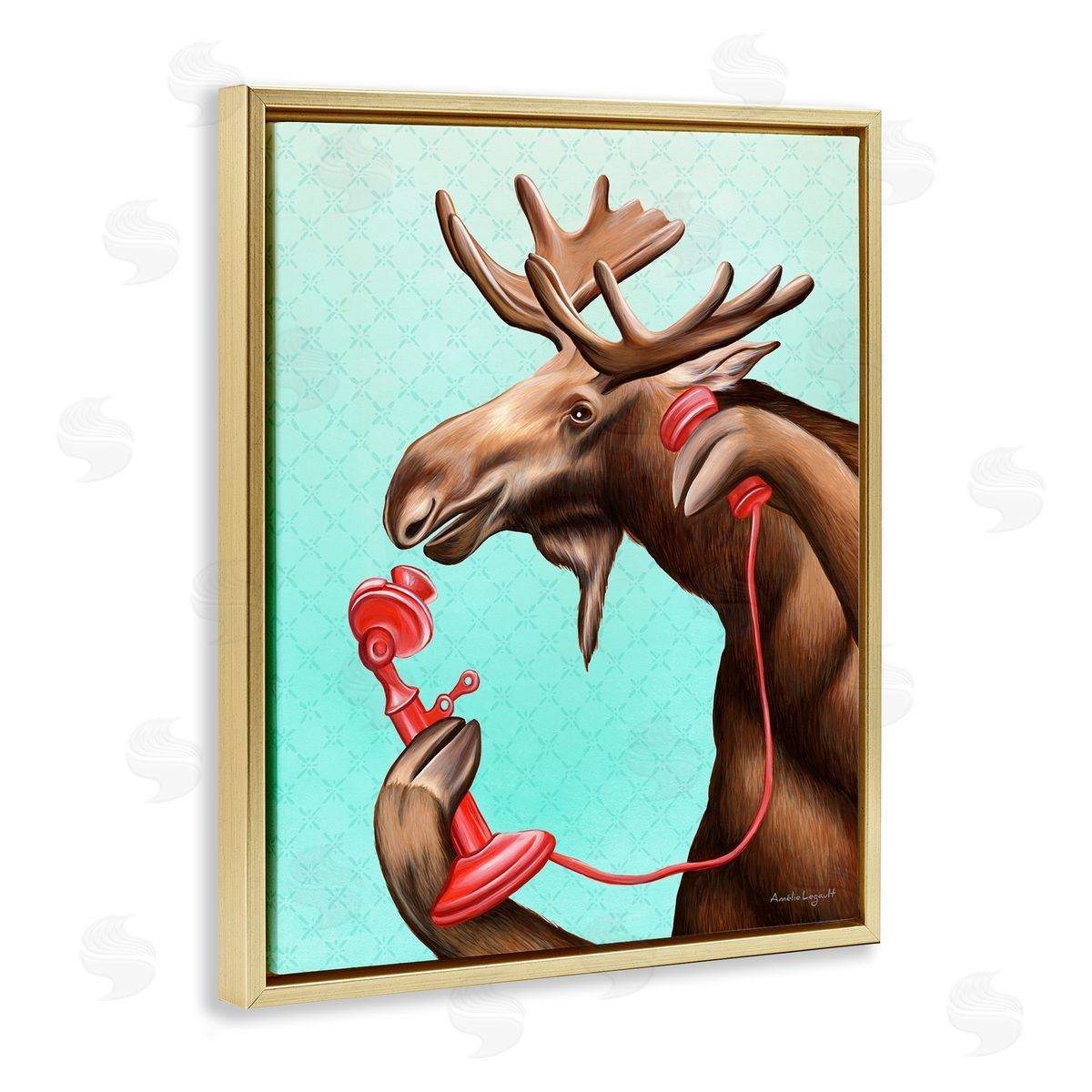 Amelie Legault Vintage Moose With Candlestick Telephone Ombre  Gold Floating Frame Canvas Wall Art Print