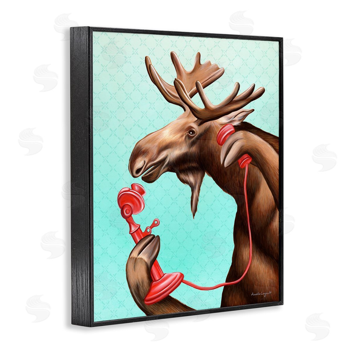 Amelie Legault Vintage Moose With Candlestick Telephone Ombre  Black Framed Giclee Wall Art Print