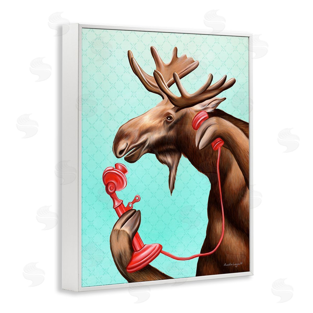 Amelie Legault Vintage Moose With Candlestick Telephone Ombre  White Framed Giclee Wall Art Print