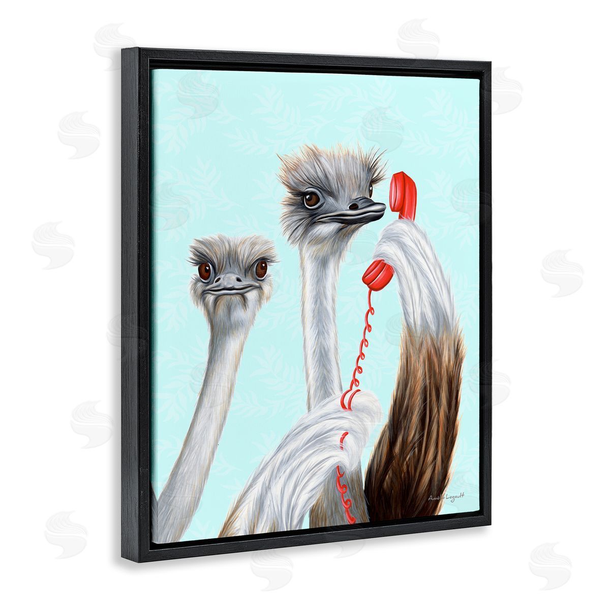 Amelie Legault Detailed Ostrich Birds Talking Red Cord Telephone  Black Floating Frame Canvas Wall Art Print