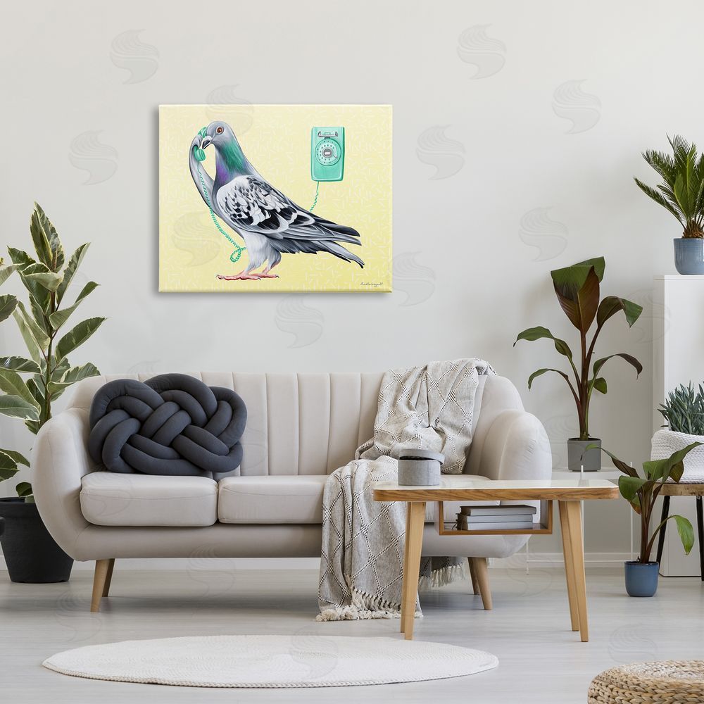 Amelie Legault Pastel Pigeon Vintage Phone Call Yellow  Canvas Wall Art Print in Room
