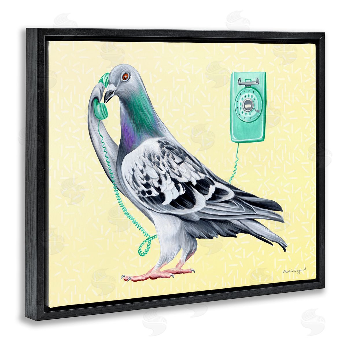 Amelie Legault Pastel Pigeon Vintage Phone Call Yellow  Black Floating Frame Canvas Wall Art Print