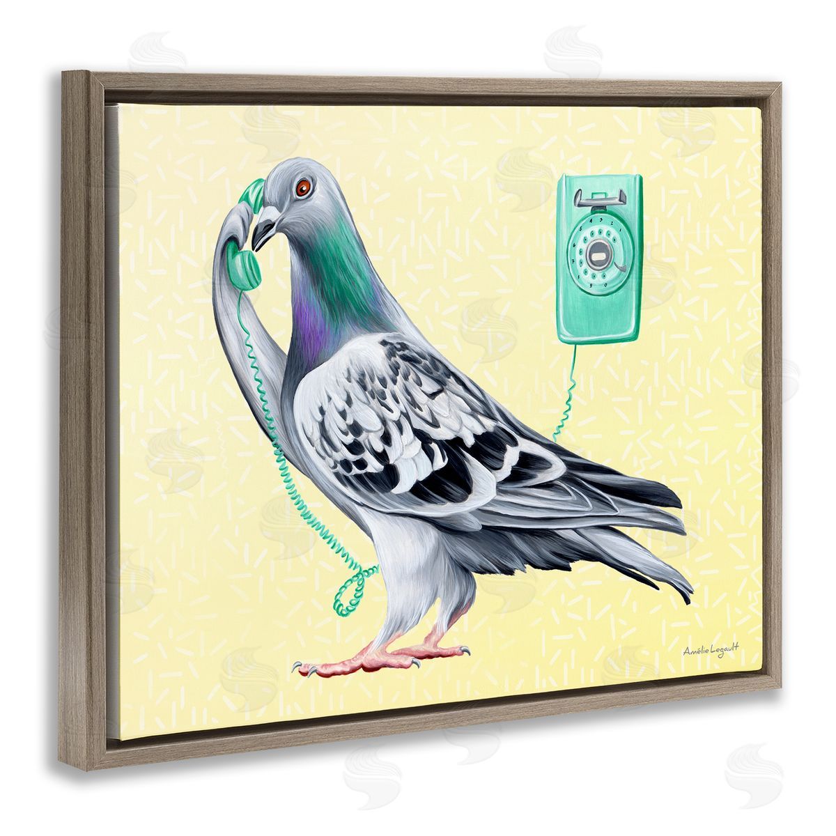 Amelie Legault Pastel Pigeon Vintage Phone Call Yellow  Brown Floating Frame Canvas Wall Art Print
