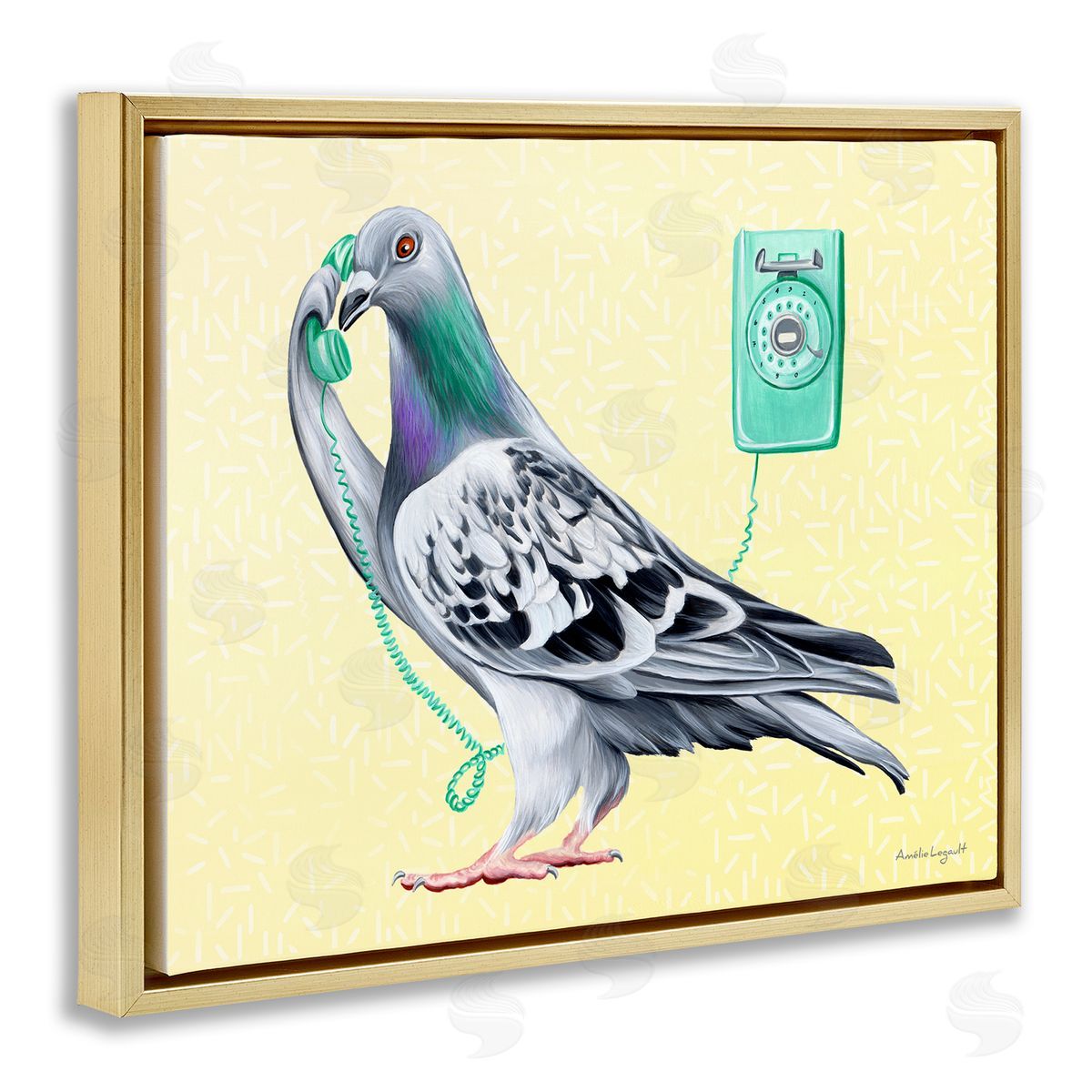 Amelie Legault Pastel Pigeon Vintage Phone Call Yellow  Gold Floating Frame Canvas Wall Art Print