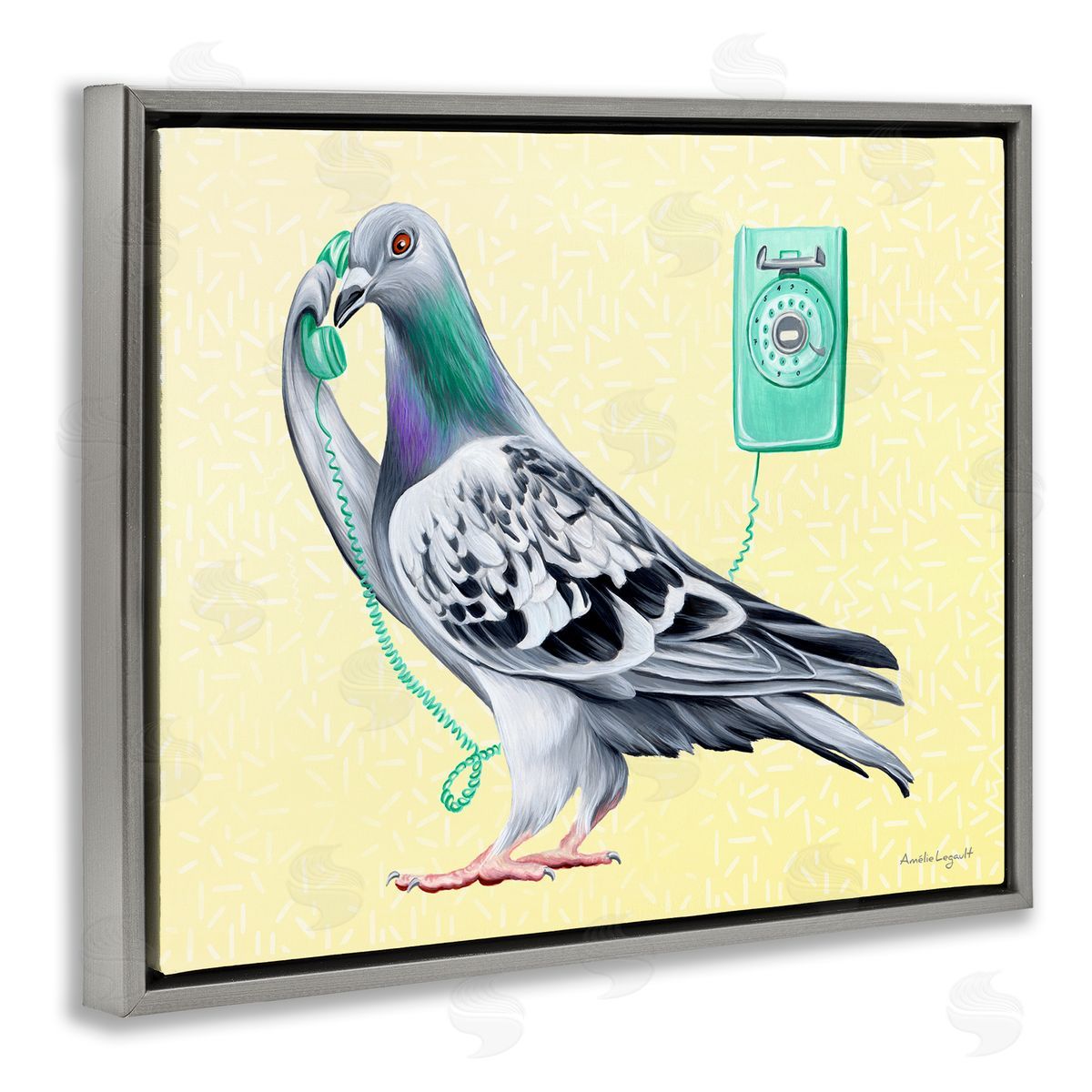 Amelie Legault Pastel Pigeon Vintage Phone Call Yellow  Gray Floating Frame Canvas Wall Art Print