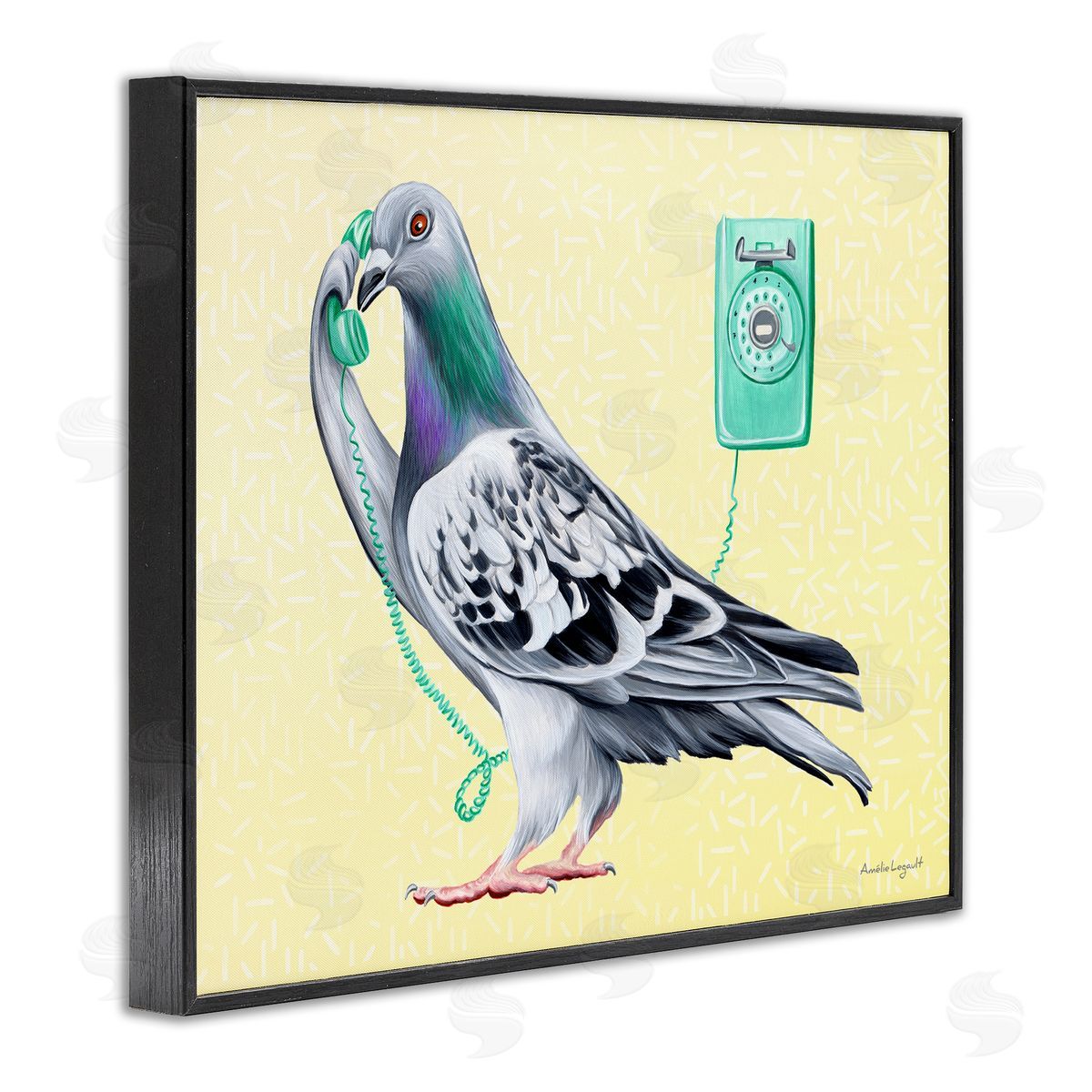 Amelie Legault Pastel Pigeon Vintage Phone Call Yellow  Black Framed Giclee Wall Art Print