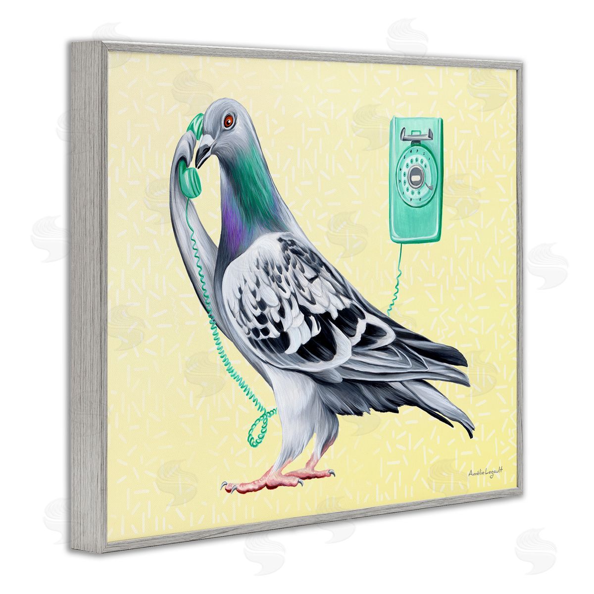 Amelie Legault Pastel Pigeon Vintage Phone Call Yellow  Gray Framed Giclee Wall Art Print