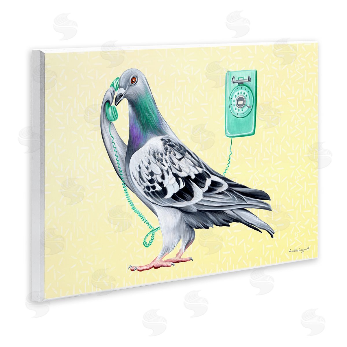Amelie Legault Pastel Pigeon Vintage Phone Call Yellow  Wall Plaque Art Print