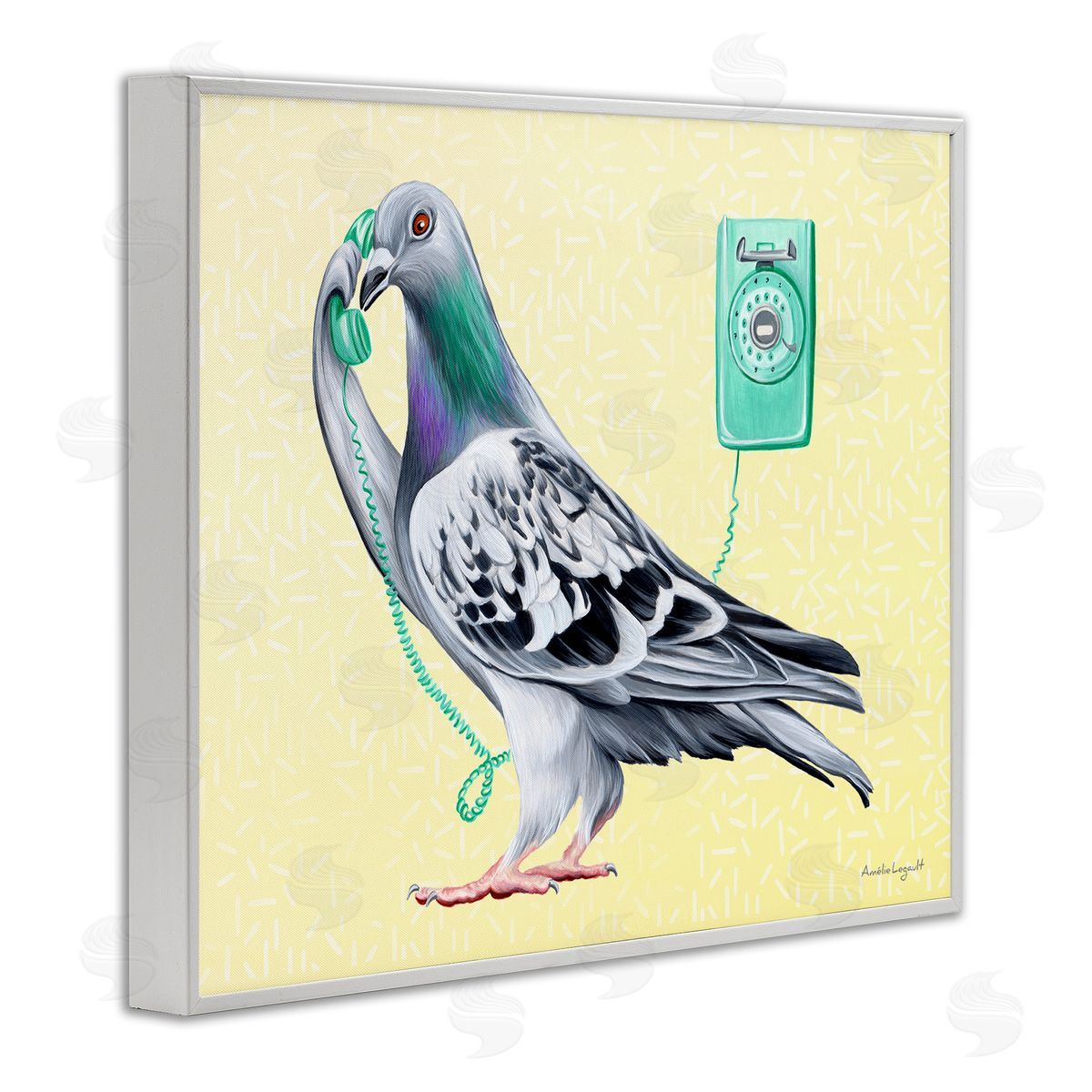 Amelie Legault Pastel Pigeon Vintage Phone Call Yellow  White Framed Giclee Wall Art Print