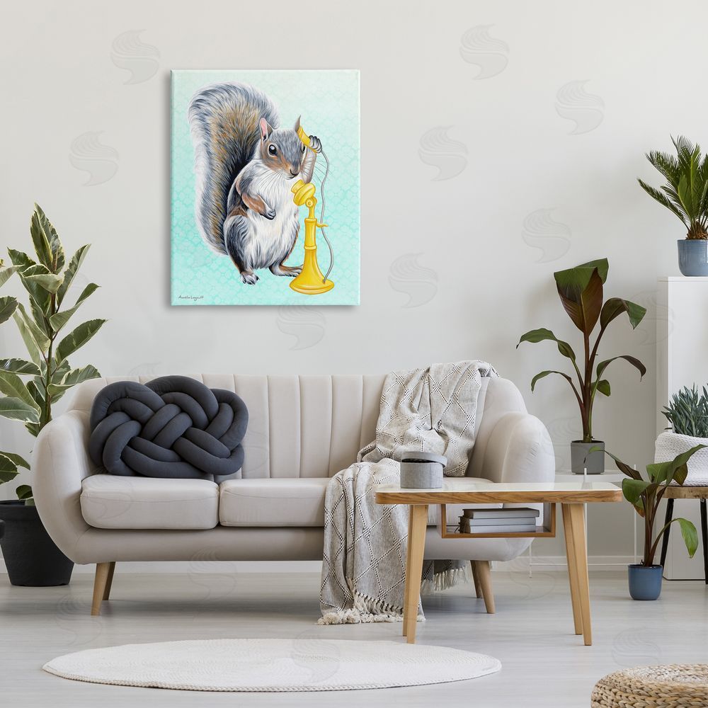 Amelie Legault Squirrel Talking Yellow Candlestick Telephone Patterned Shapes Canvas Wall Art Print in Room