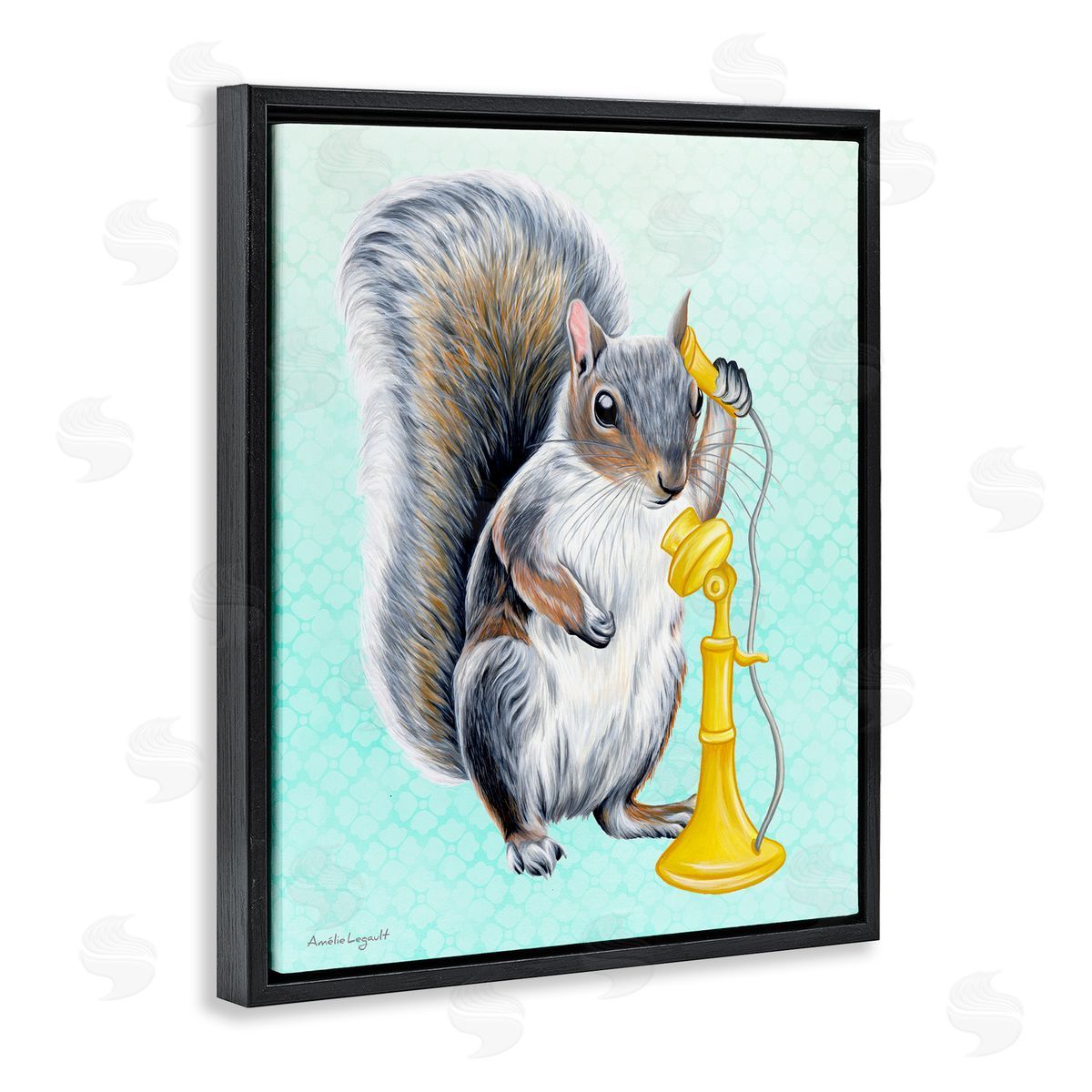 Amelie Legault Squirrel Talking Yellow Candlestick Telephone Patterned Shapes Black Floating Frame Canvas Wall Art Print