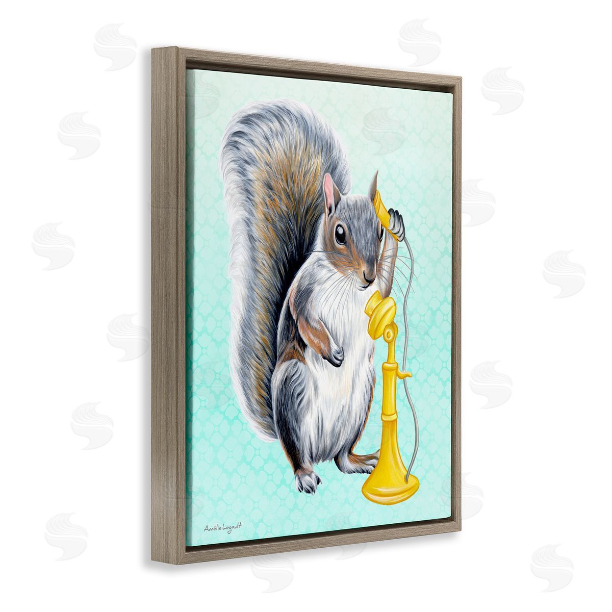 Amelie Legault Squirrel Talking Yellow Candlestick Telephone Patterned Shapes Brown Floating Frame Canvas Wall Art Print