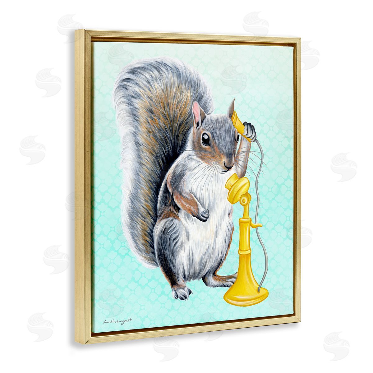 Amelie Legault Squirrel Talking Yellow Candlestick Telephone Patterned Shapes Gold Floating Frame Canvas Wall Art Print