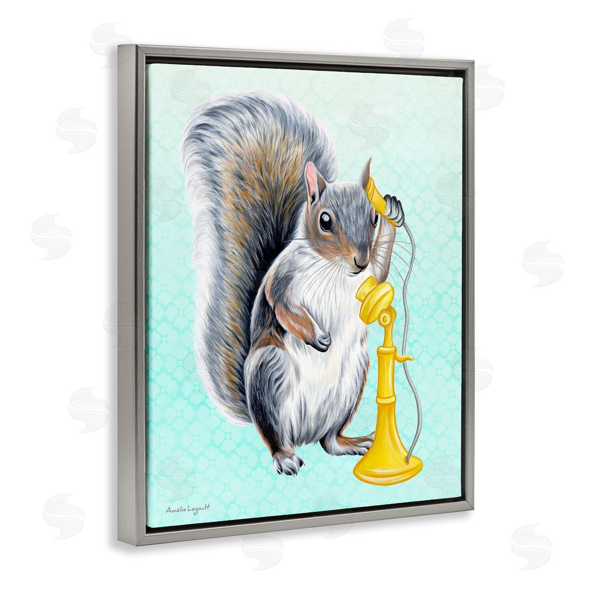 Amelie Legault Squirrel Talking Yellow Candlestick Telephone Patterned Shapes Gray Floating Frame Canvas Wall Art Print